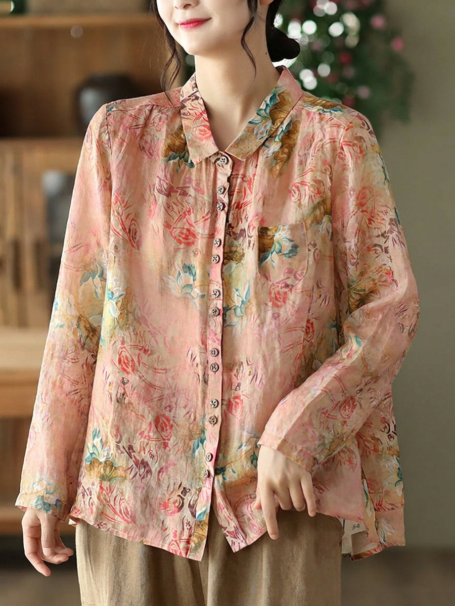 Plus Size Floral Ramie Vintage Summer Women Loose Shirt