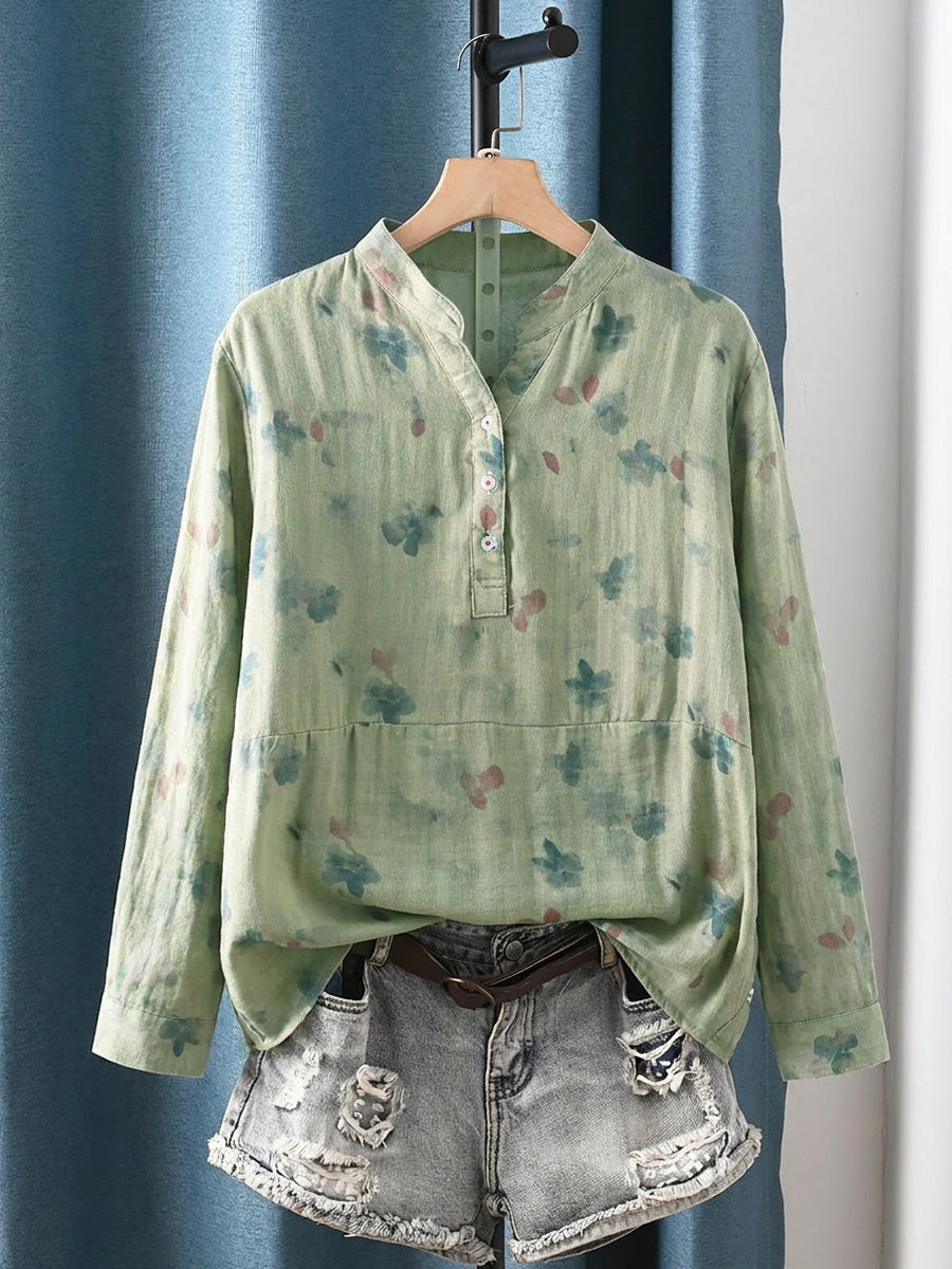 Plus Size Women Artsy Flower 100%Cotton V-Neck Long Sleeve Blouse
