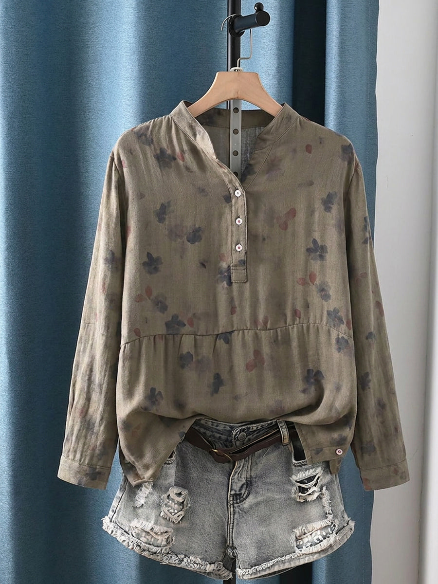 Plus Size Women Artsy Flower 100%Cotton V-Neck Long Sleeve Blouse