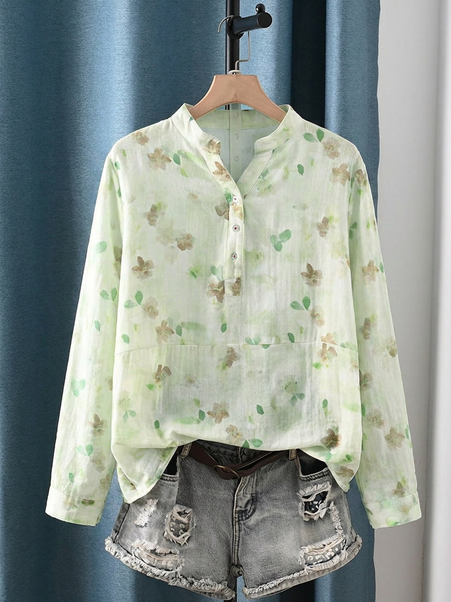 Plus Size Women Artsy Flower 100%Cotton V-Neck Long Sleeve Blouse