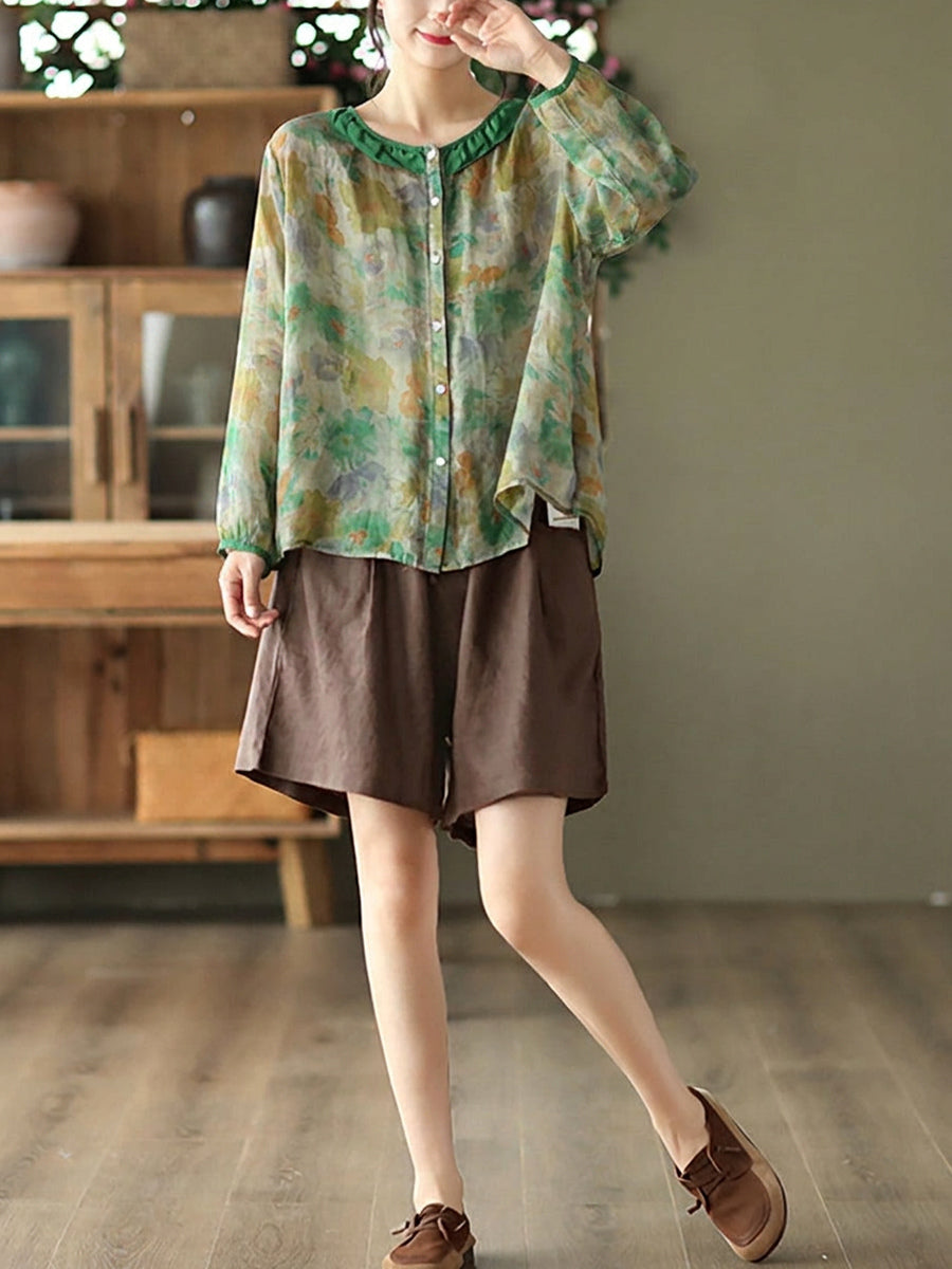 Plus Size Floral Ramie Vintage Long Sleeve Women Shirt