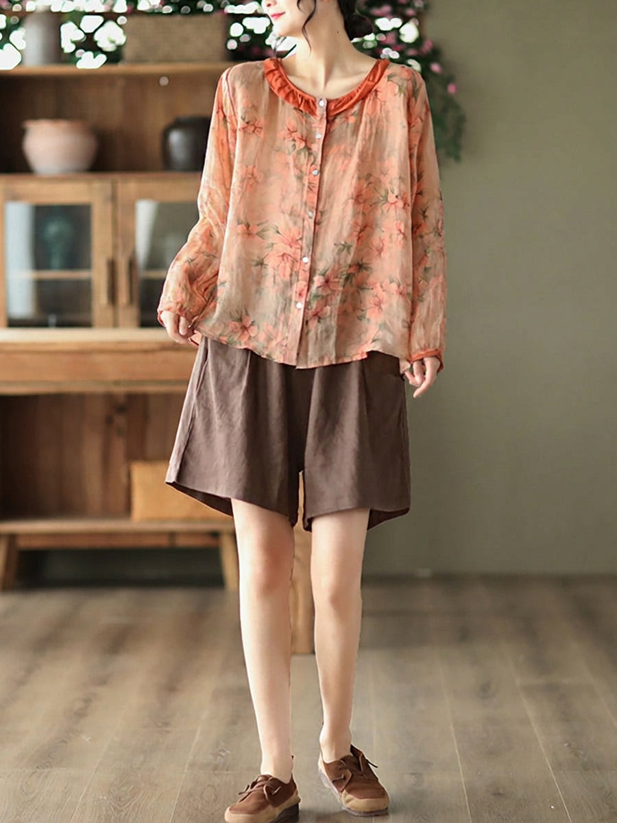 Plus Size Floral Ramie Vintage Long Sleeve Women Shirt