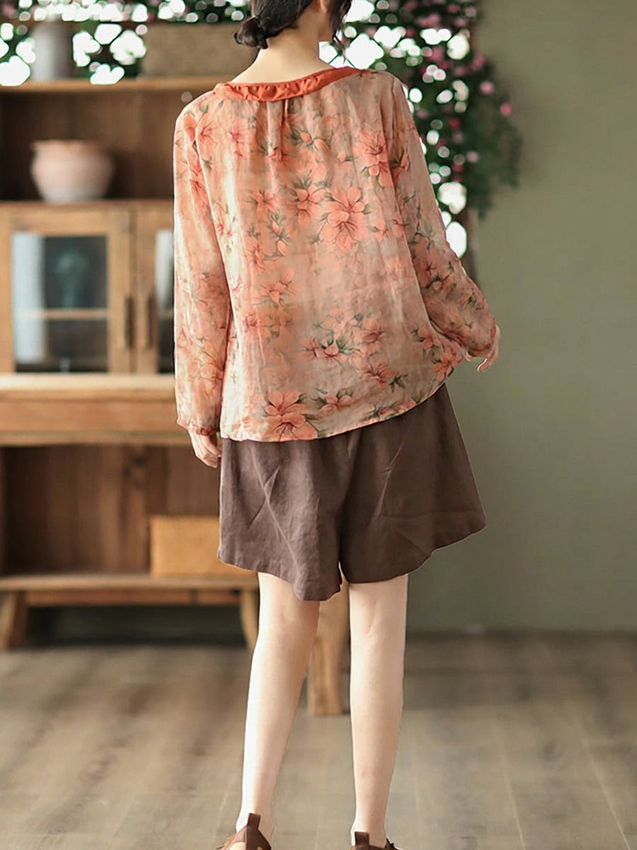 Plus Size Floral Ramie Vintage Long Sleeve Women Shirt