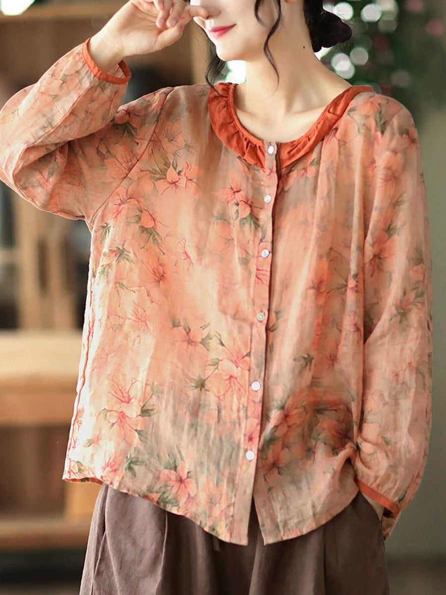 Plus Size Floral Ramie Vintage Long Sleeve Women Shirt
