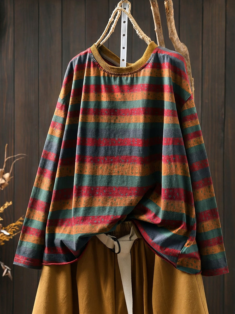 Plus Size Cotton Colorblock Stripe Blouse for Women, Summer Retro O‑Neck Raglan Top