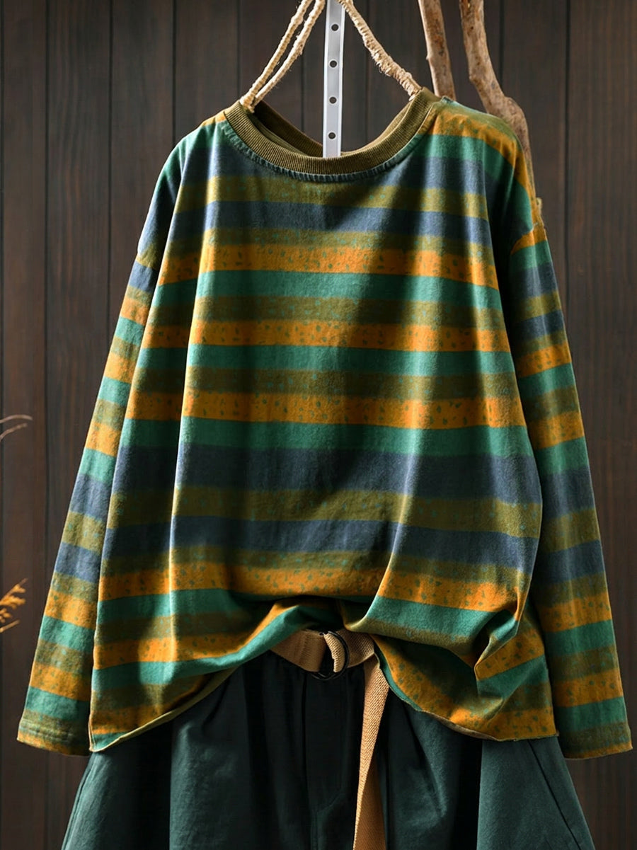 Plus Size Cotton Colorblock Stripe Blouse for Women, Summer Retro O‑Neck Raglan Top
