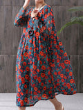 Plus Size - Floral Print Cotton Viscose Loose A-Line Long Sleeve Dress