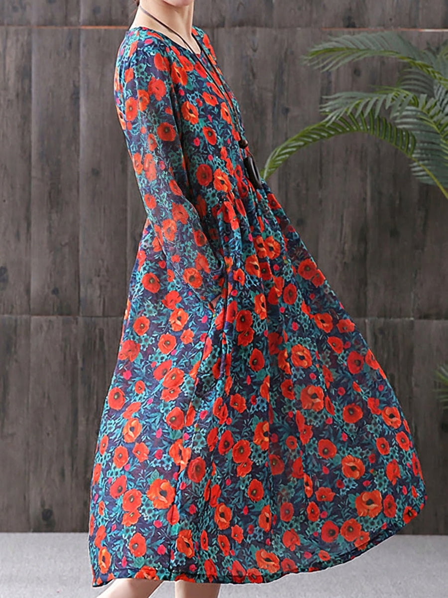 Plus Size - Floral Print Cotton Viscose Loose A-Line Long Sleeve Dress