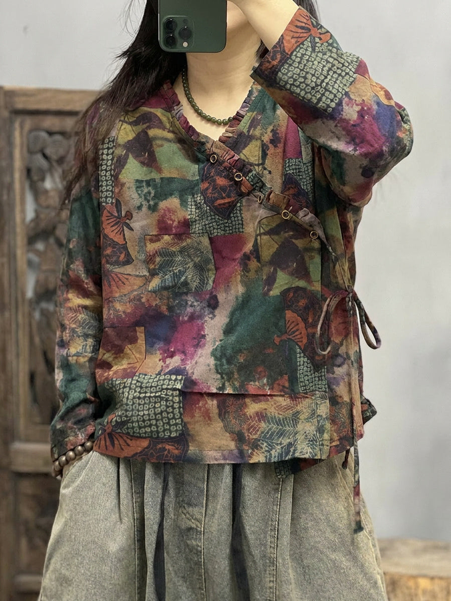 Plus Size Women Summer Ethnic Flower Strap V-Neck Tank