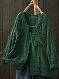 Plus Size Women Worn Pure Color V-Neck Long Sleeve Cotton Shirt