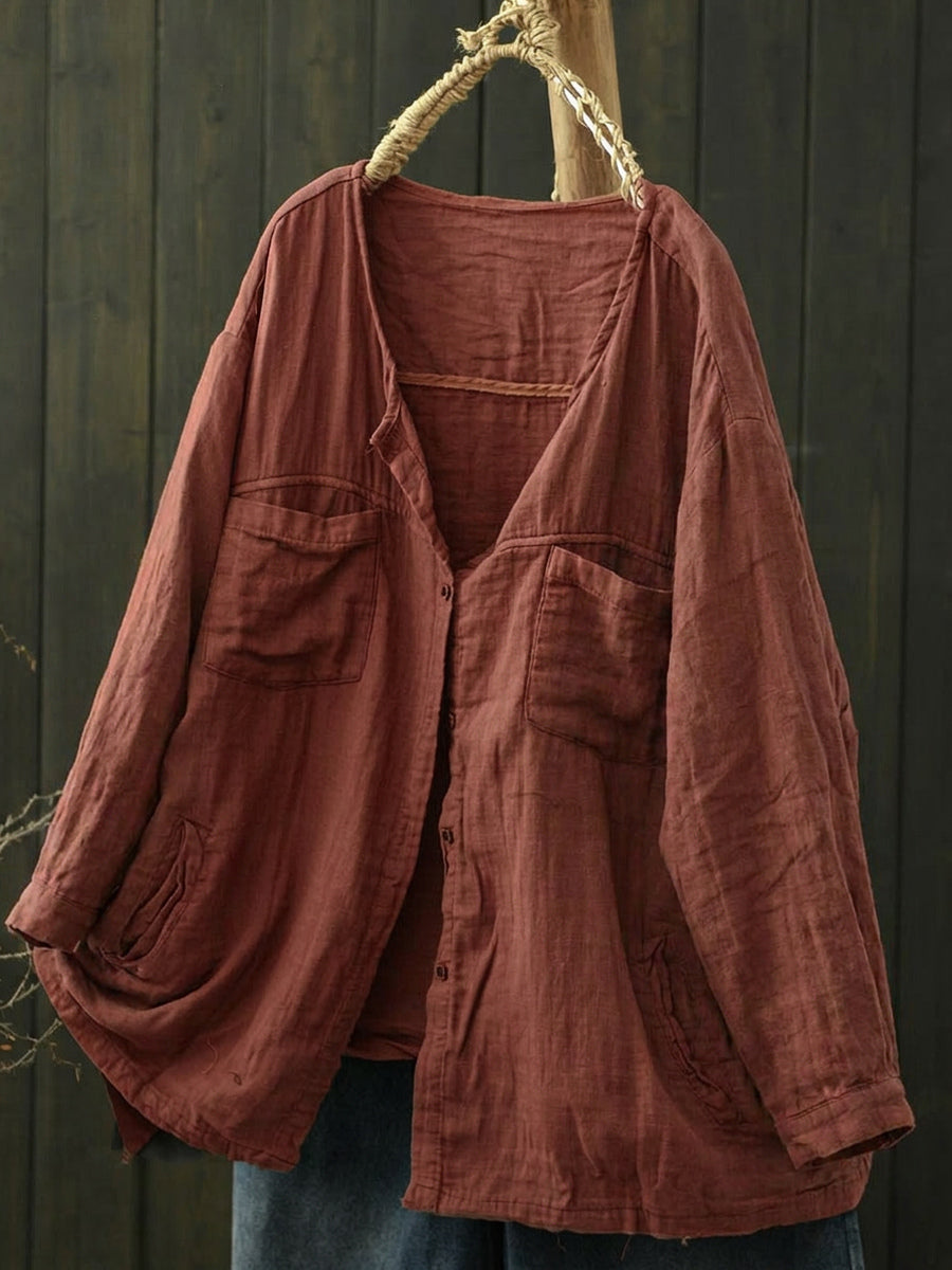 Plus Size Women Worn Pure Color V-Neck Long Sleeve Cotton Shirt