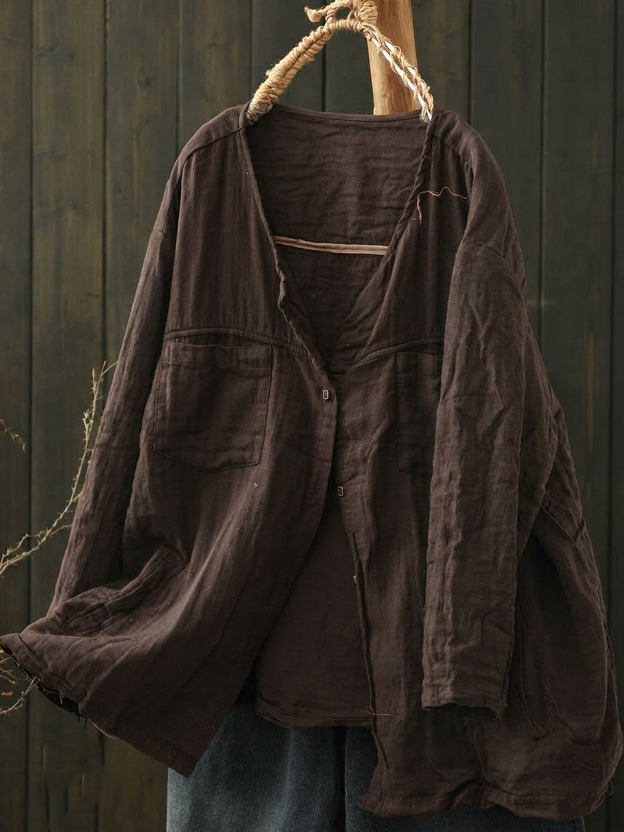 Plus Size Women Worn Pure Color V-Neck Long Sleeve Cotton Shirt