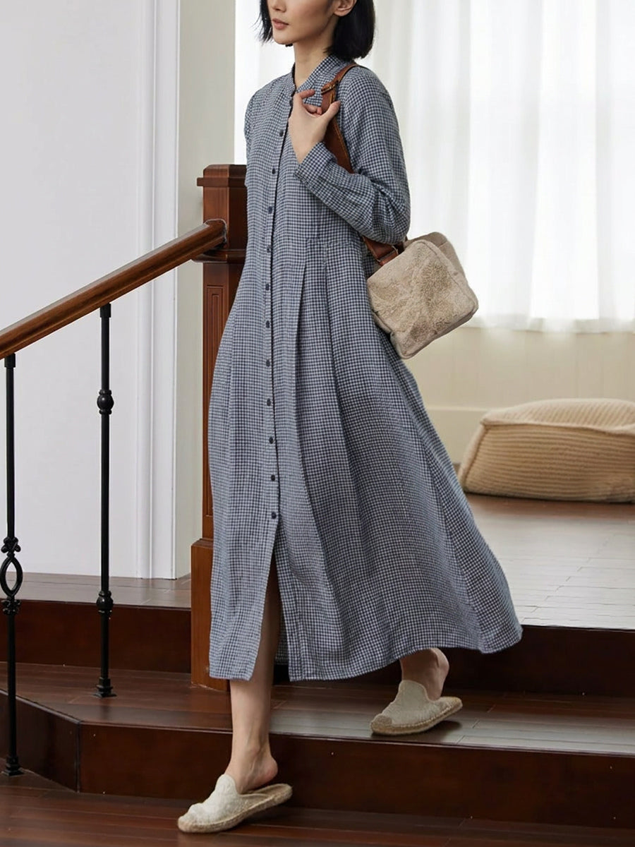 Plus Size Women Plaid 100%Linen Loose Long Sleeve Dress