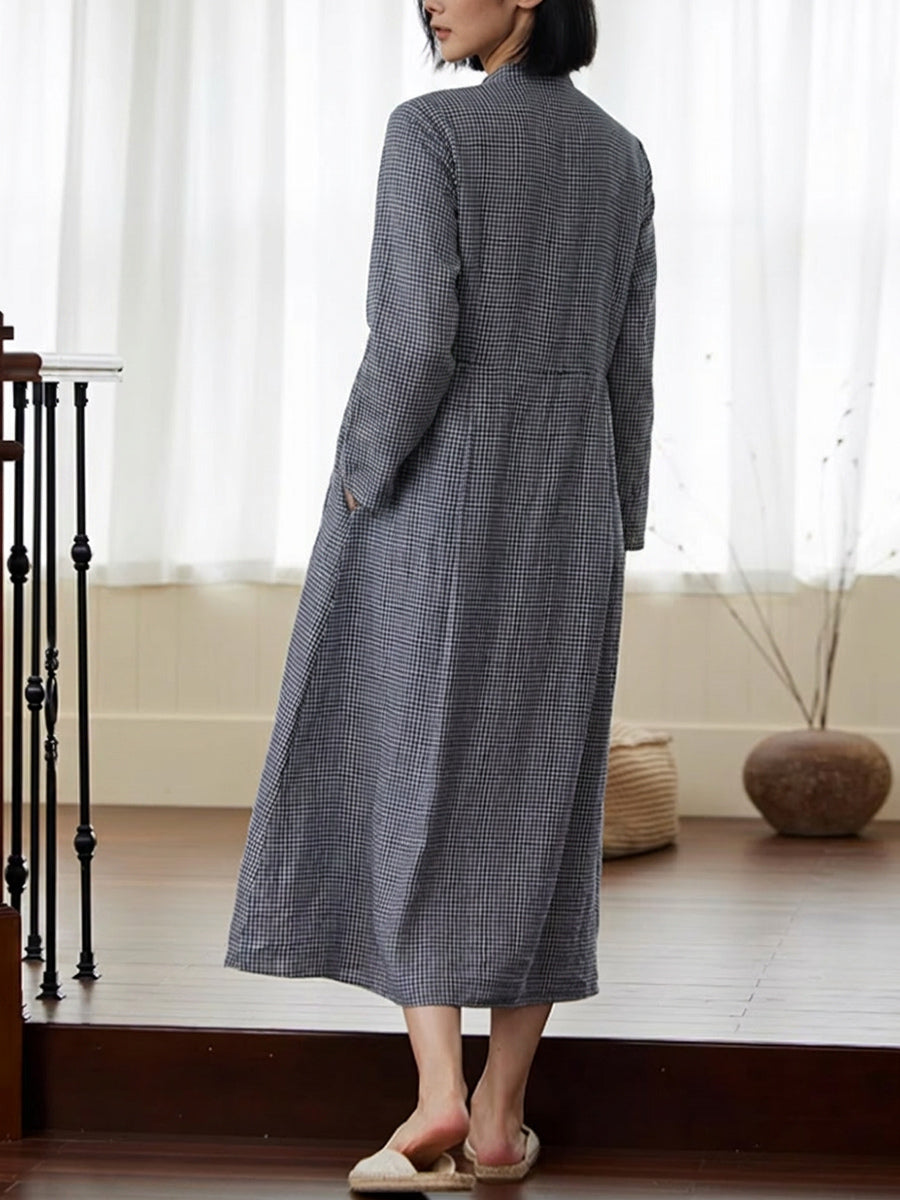 Plus Size Women Plaid 100%Linen Loose Long Sleeve Dress
