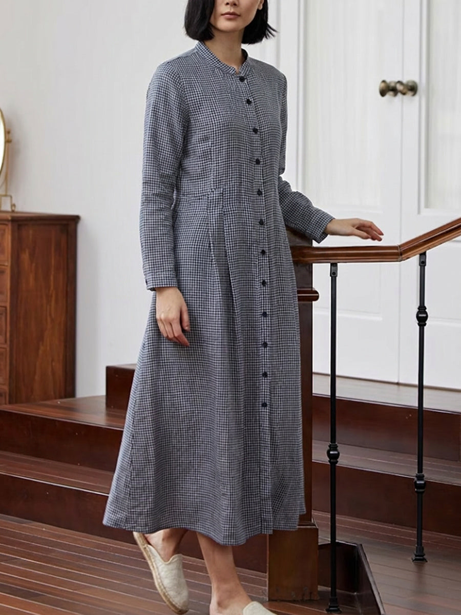 Plus Size Women Plaid 100%Linen Loose Long Sleeve Dress