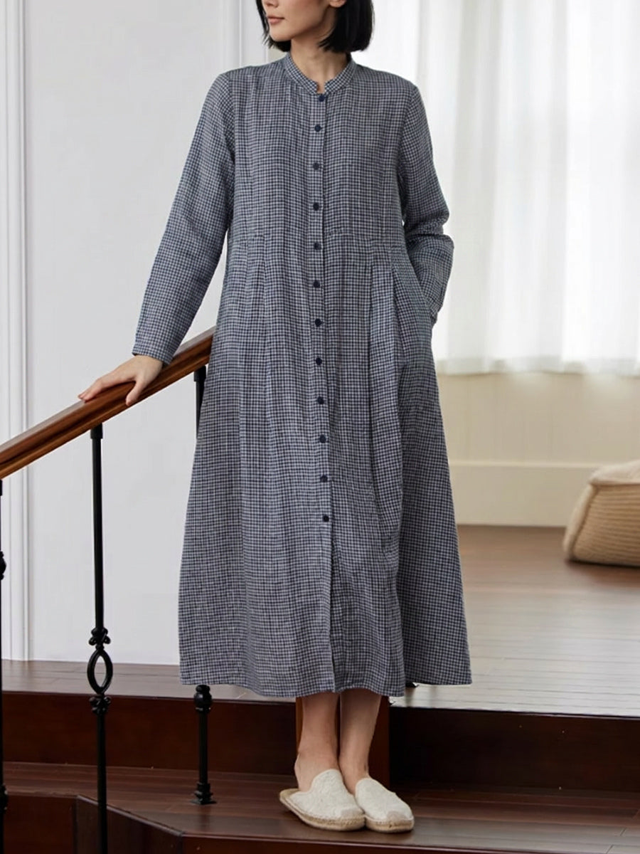 Plus Size Women Plaid 100%Linen Loose Long Sleeve Dress