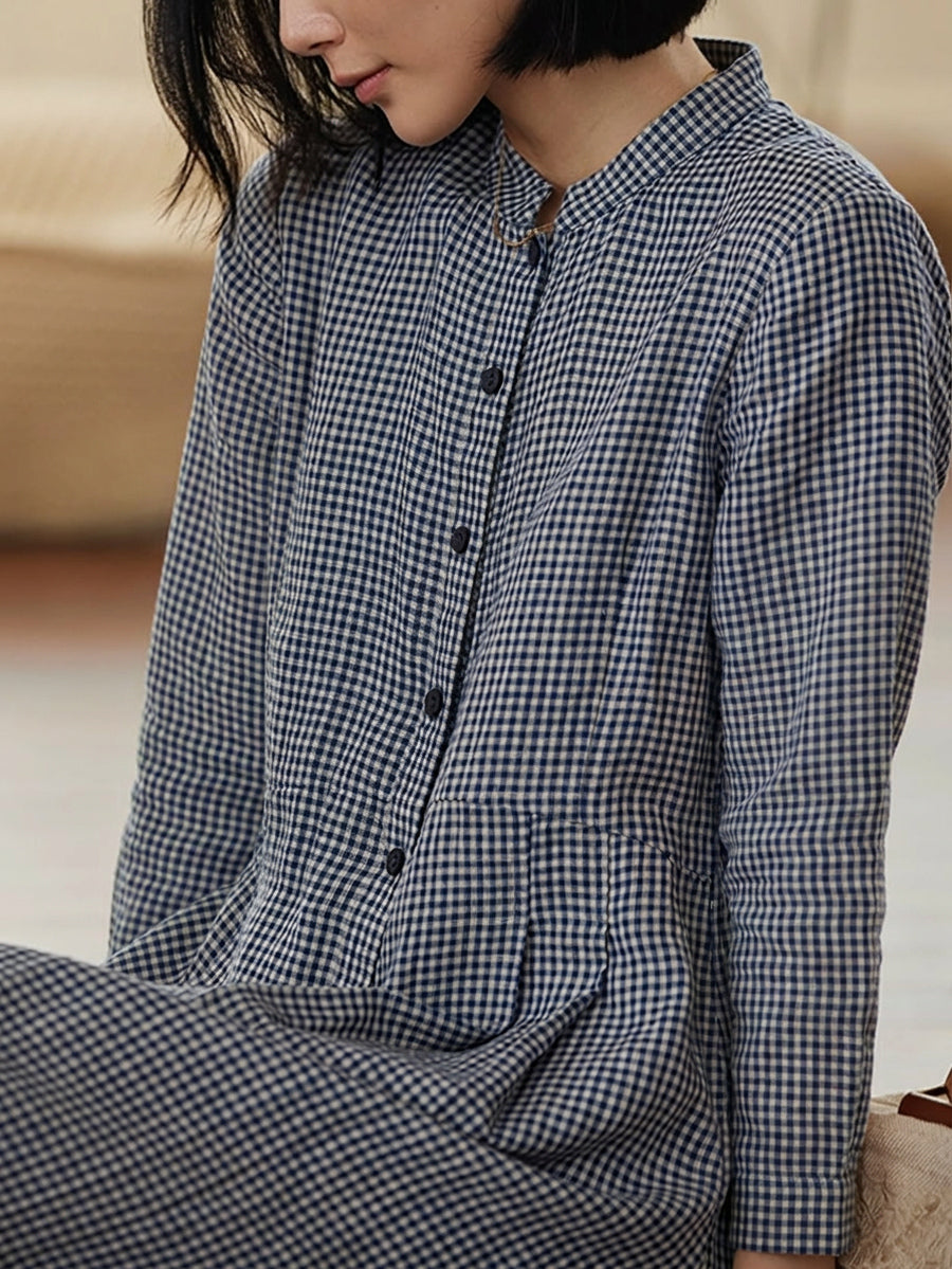 Plus Size Women Plaid 100%Linen Loose Long Sleeve Dress