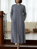Plus Size Women Plaid 100%Linen Loose Long Sleeve Dress