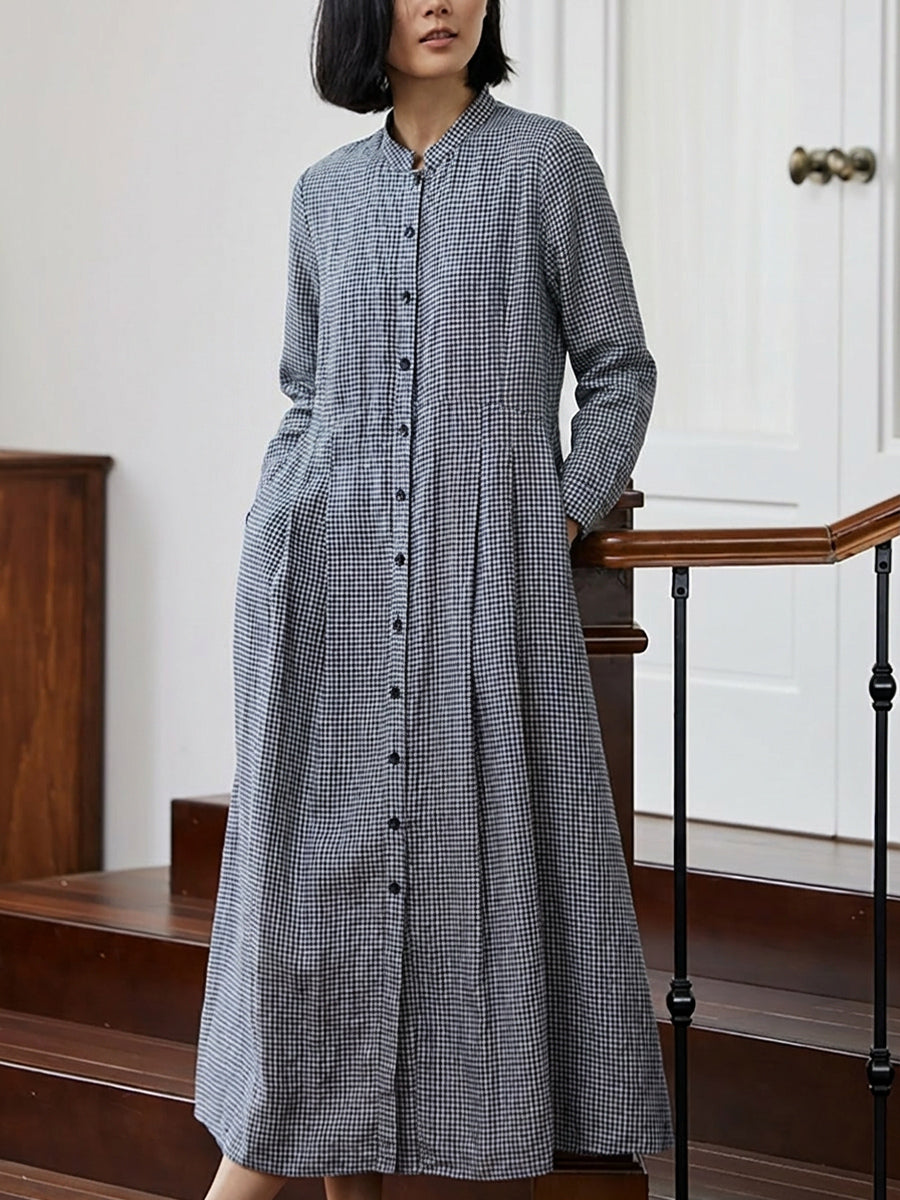 Plus Size Women Plaid 100%Linen Loose Long Sleeve Dress