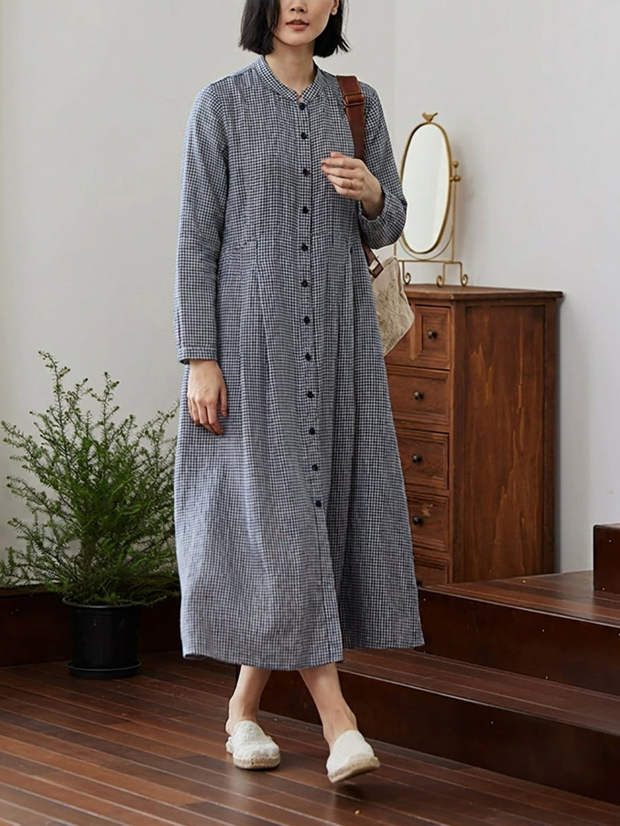 Plus Size Women Plaid 100%Linen Loose Long Sleeve Dress