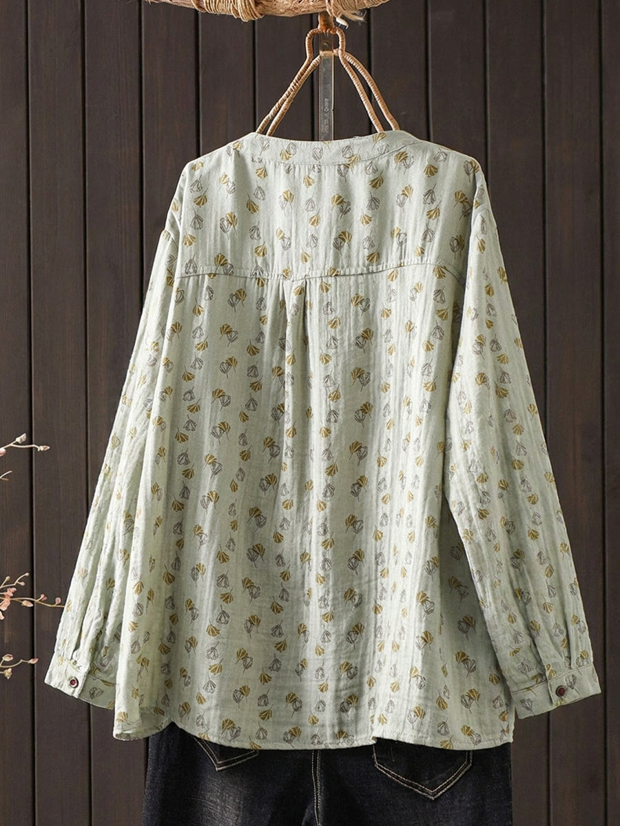 Plus Size Women Artsy Flower O-Neck Cotton Long Sleeve Blouse