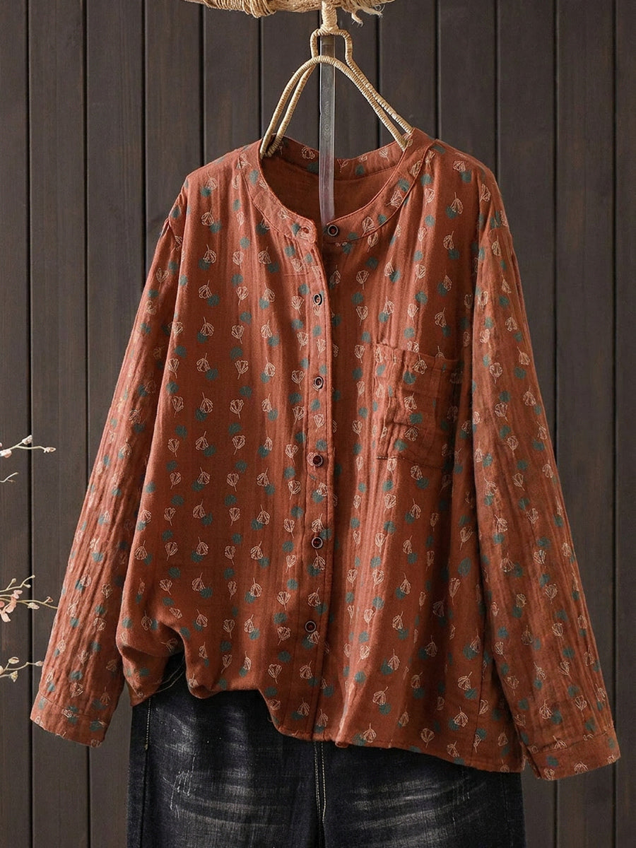 Plus Size Women Artsy Flower O-Neck Cotton Long Sleeve Blouse