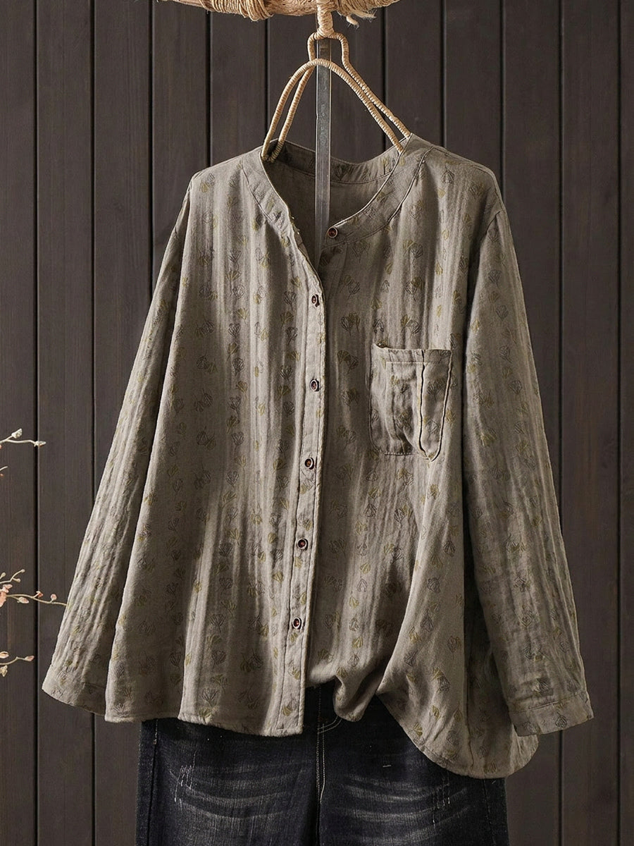 Plus Size Women Artsy Flower O-Neck Cotton Long Sleeve Blouse