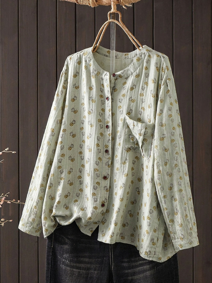 Plus Size Women Artsy Flower O-Neck Cotton Long Sleeve Blouse