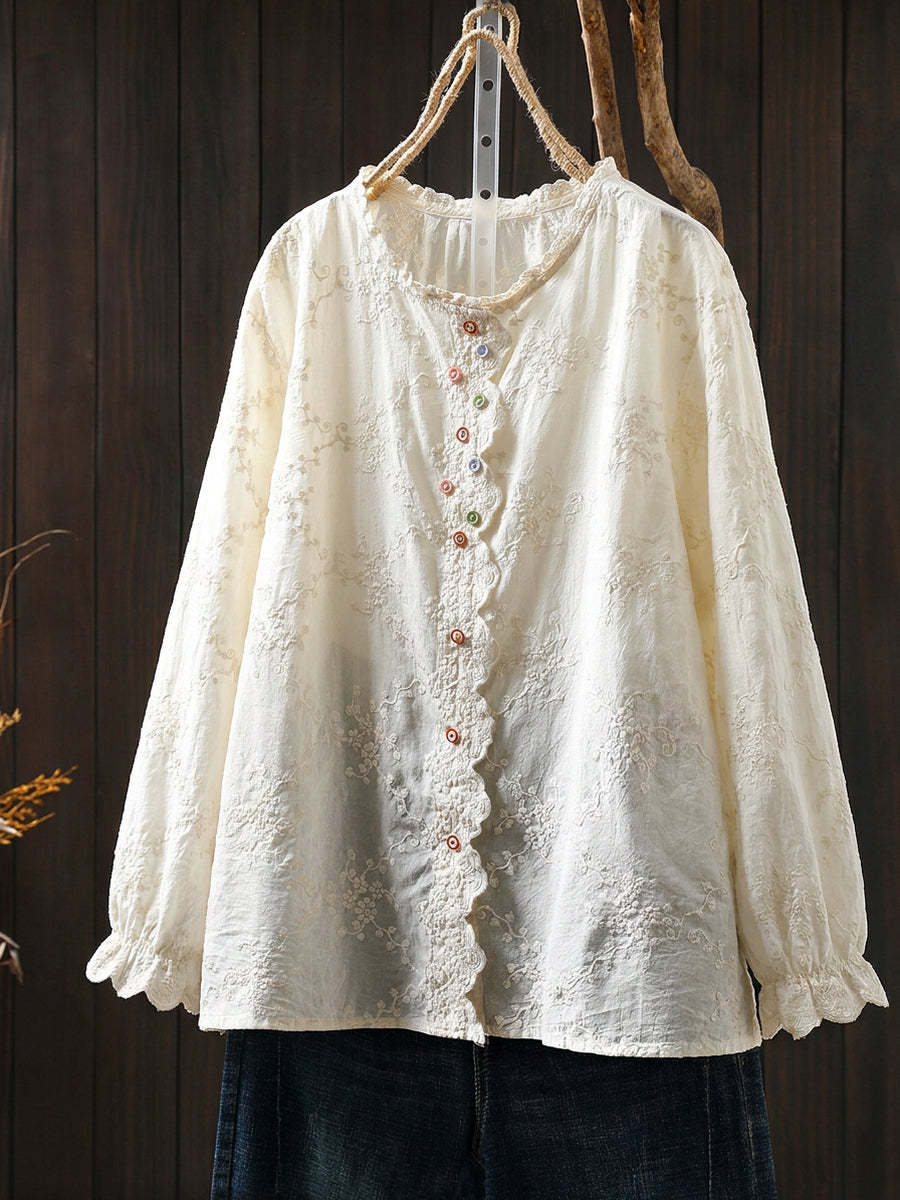 Plus Size Women Summer Artsy Flower Embroidery 100%Cotton Shirt