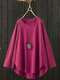 Plus Size Women Casual Pure Color O-Neck Long Sleeve Shirt