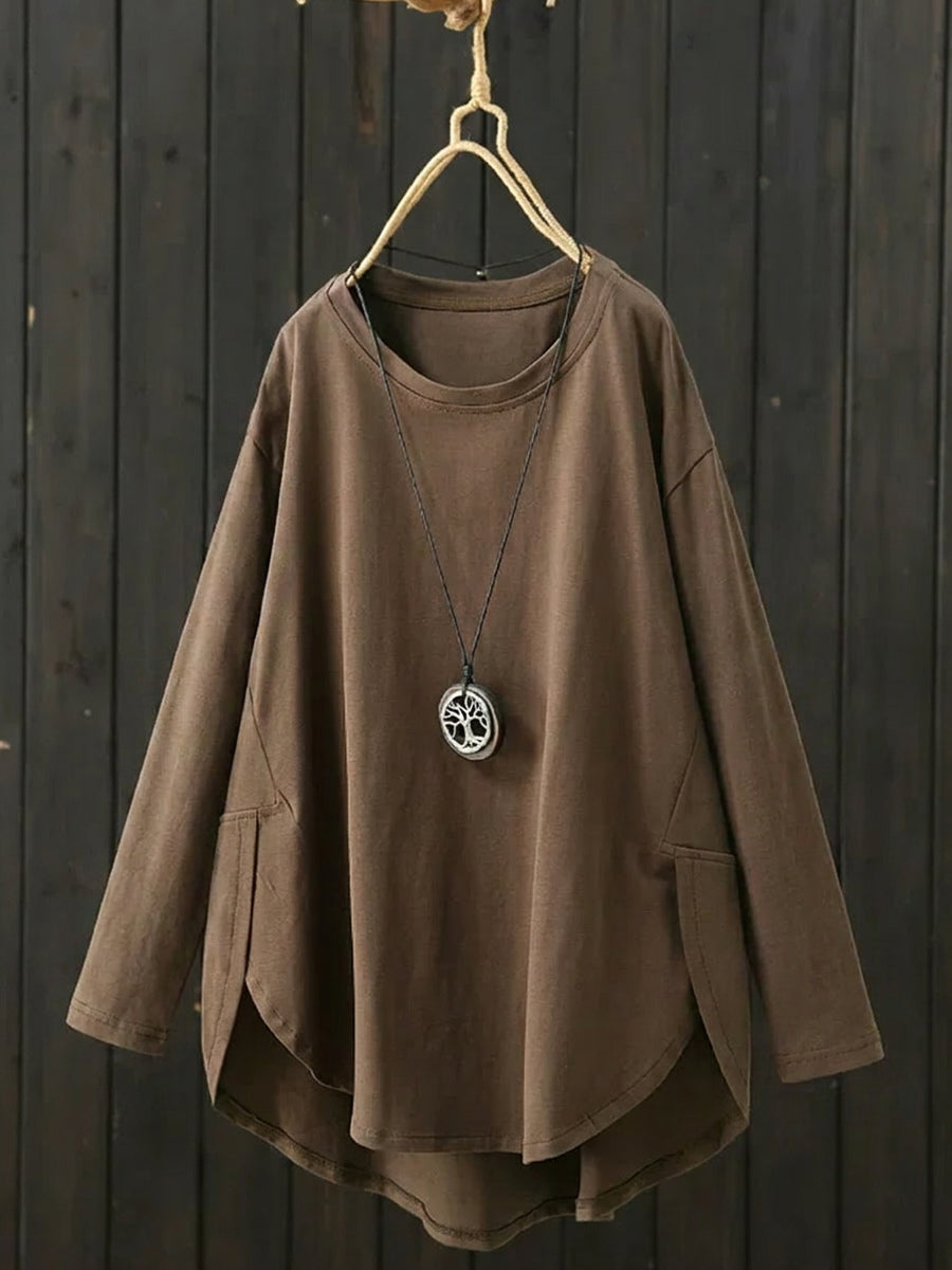 Plus Size Women Casual Pure Color O-Neck Long Sleeve Shirt