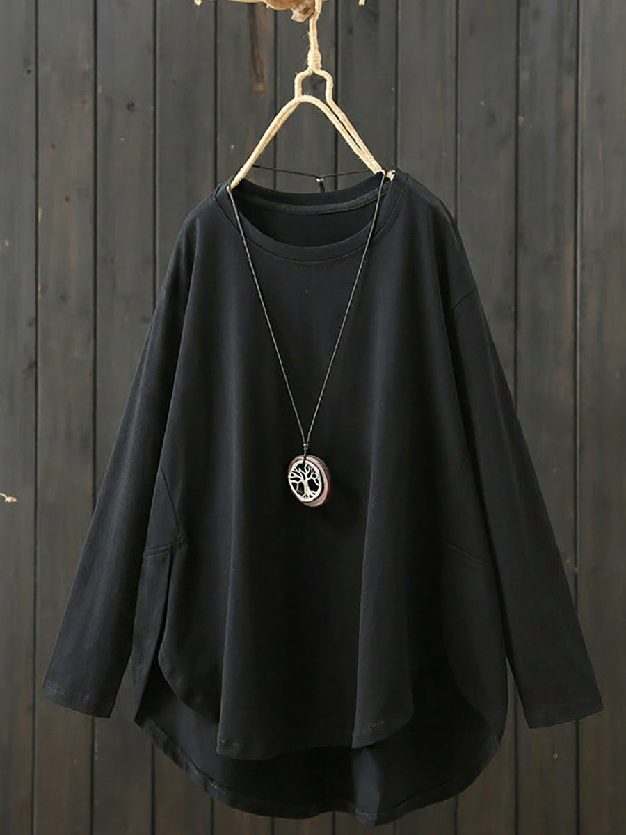 Plus Size Women Casual Pure Color O-Neck Long Sleeve Shirt