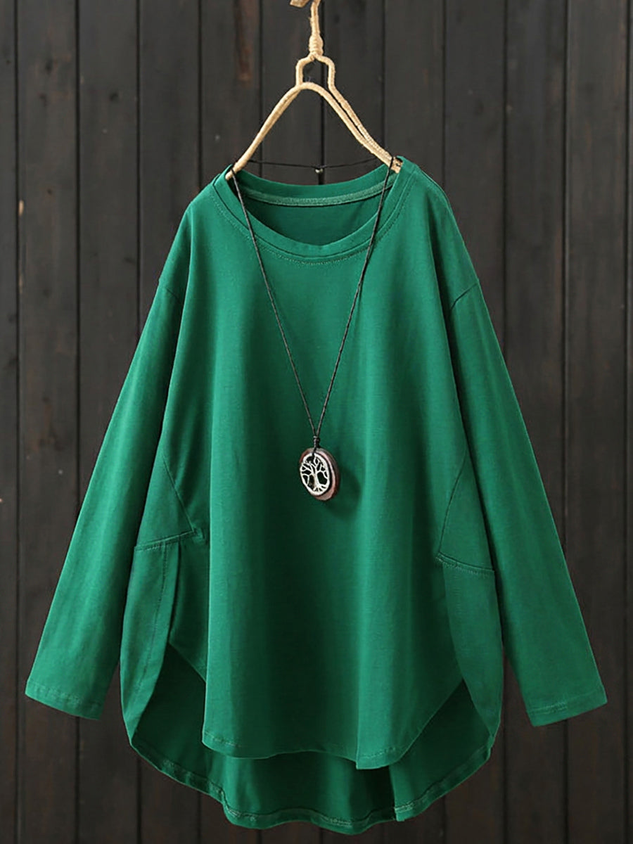 Plus Size Women Casual Pure Color O-Neck Long Sleeve Shirt