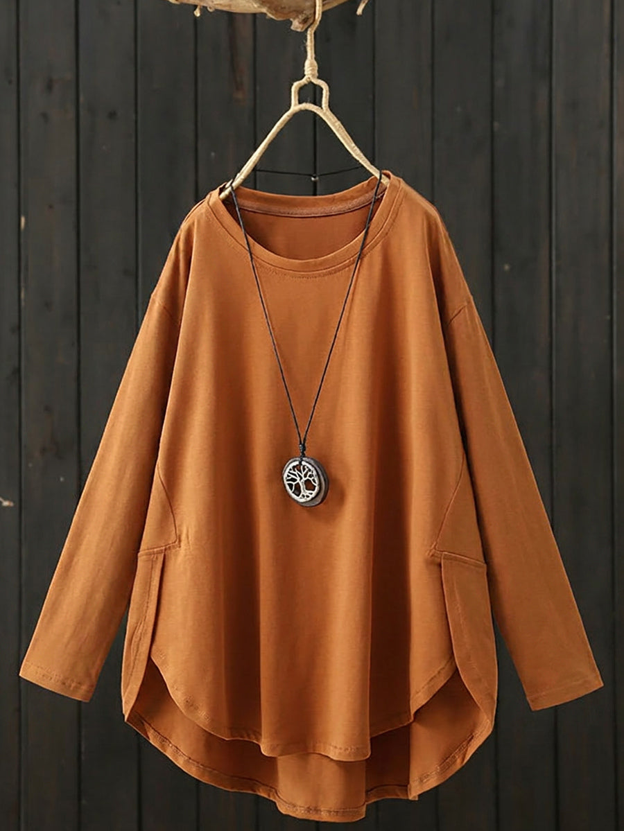 Plus Size Women Casual Pure Color O-Neck Long Sleeve Shirt