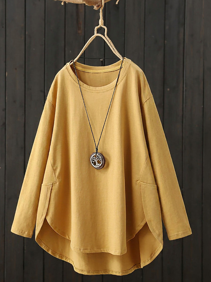 Plus Size Women Casual Pure Color O-Neck Long Sleeve Shirt