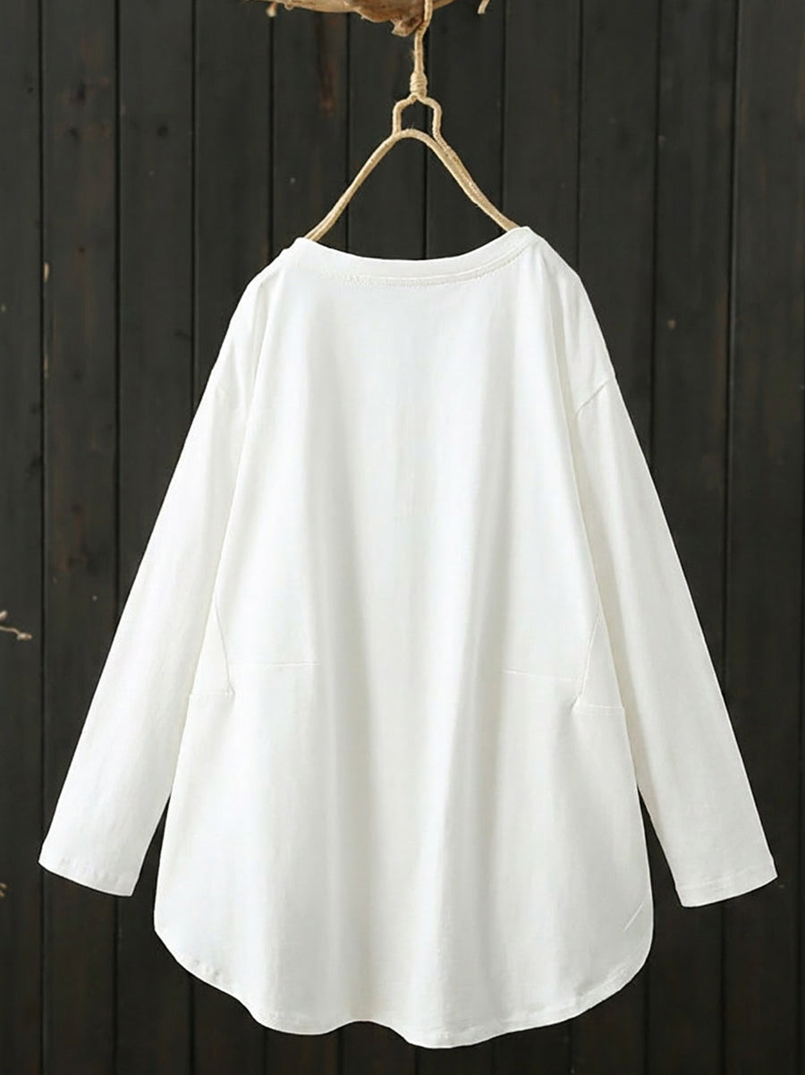 Plus Size Women Casual Pure Color O-Neck Long Sleeve Shirt