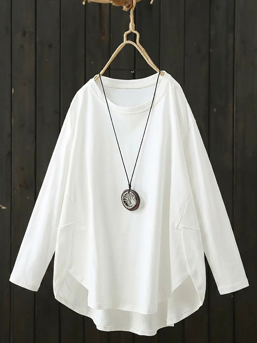 Plus Size Women Casual Pure Color O-Neck Long Sleeve Shirt
