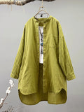 Plus Size Women Artsy Stand Collar 100%Cotton Long Sleeve Shirt