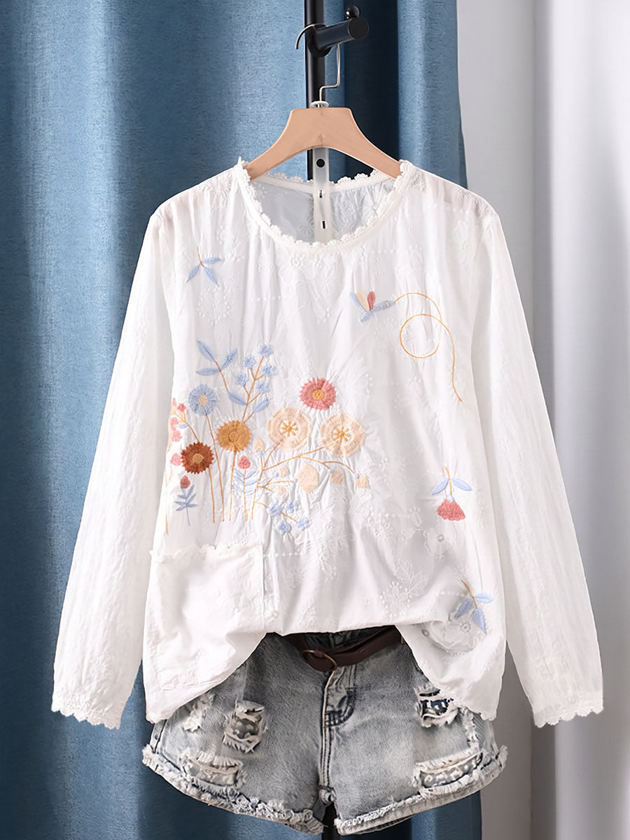 Plus Size Women Artsy Flower Embroidery 100%Cotton Long Sleeve Blouse