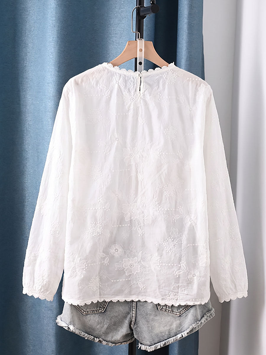Plus Size Women Artsy Flower Embroidery 100%Cotton Long Sleeve Blouse