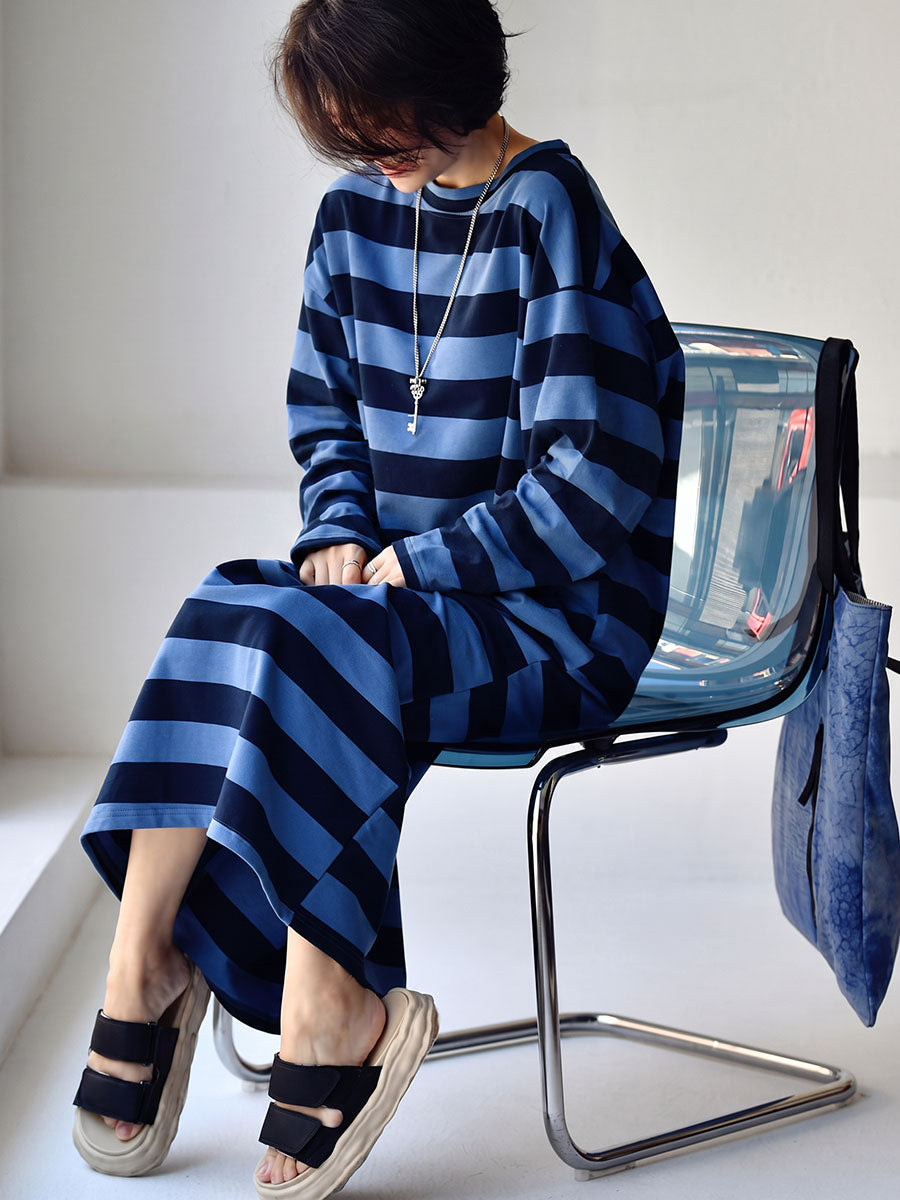 Plus Size Women Casual Stripe Loose Long Sleeves Midi Dress