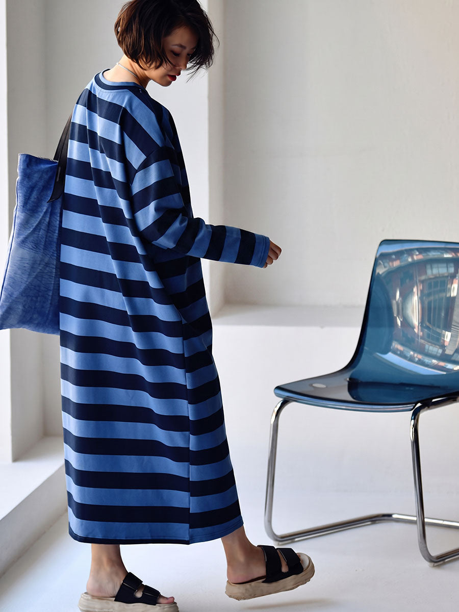 Plus Size Women Casual Stripe Loose Long Sleeves Midi Dress