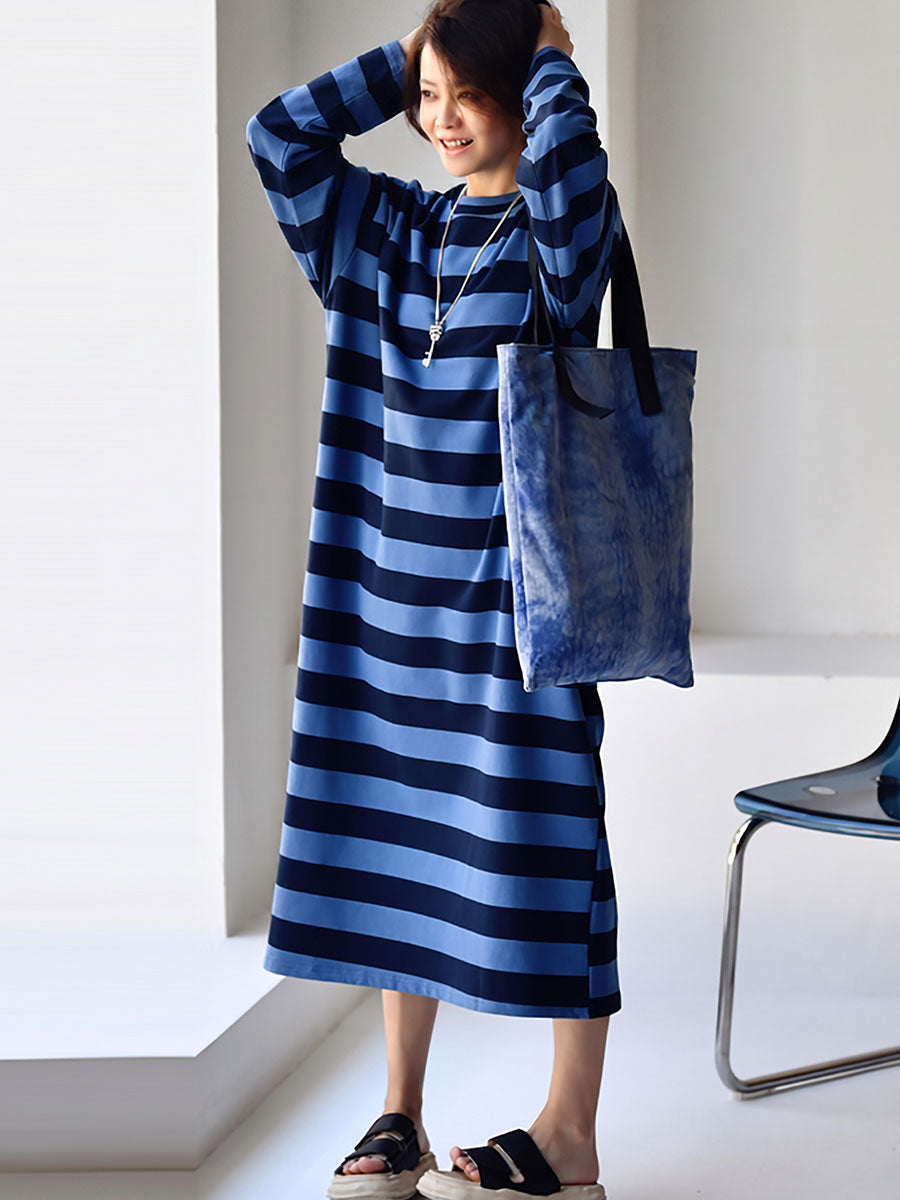 Plus Size Women Casual Stripe Loose Long Sleeves Midi Dress