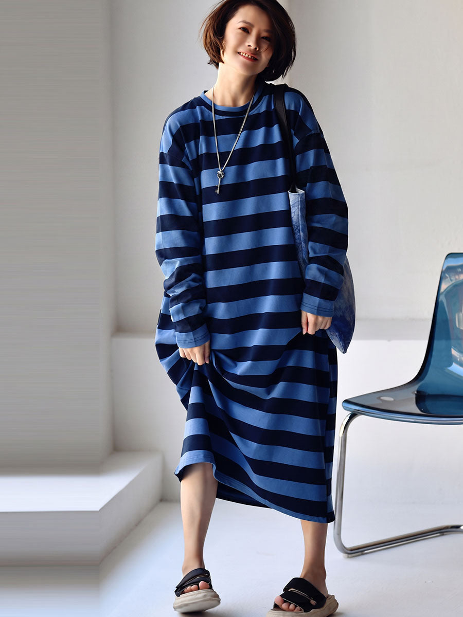Plus Size Women Casual Stripe Loose Long Sleeves Midi Dress