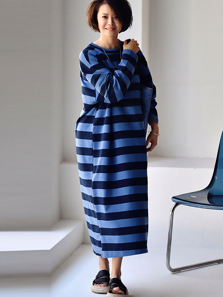 Plus Size Women Casual Stripe Loose Long Sleeves Midi Dress