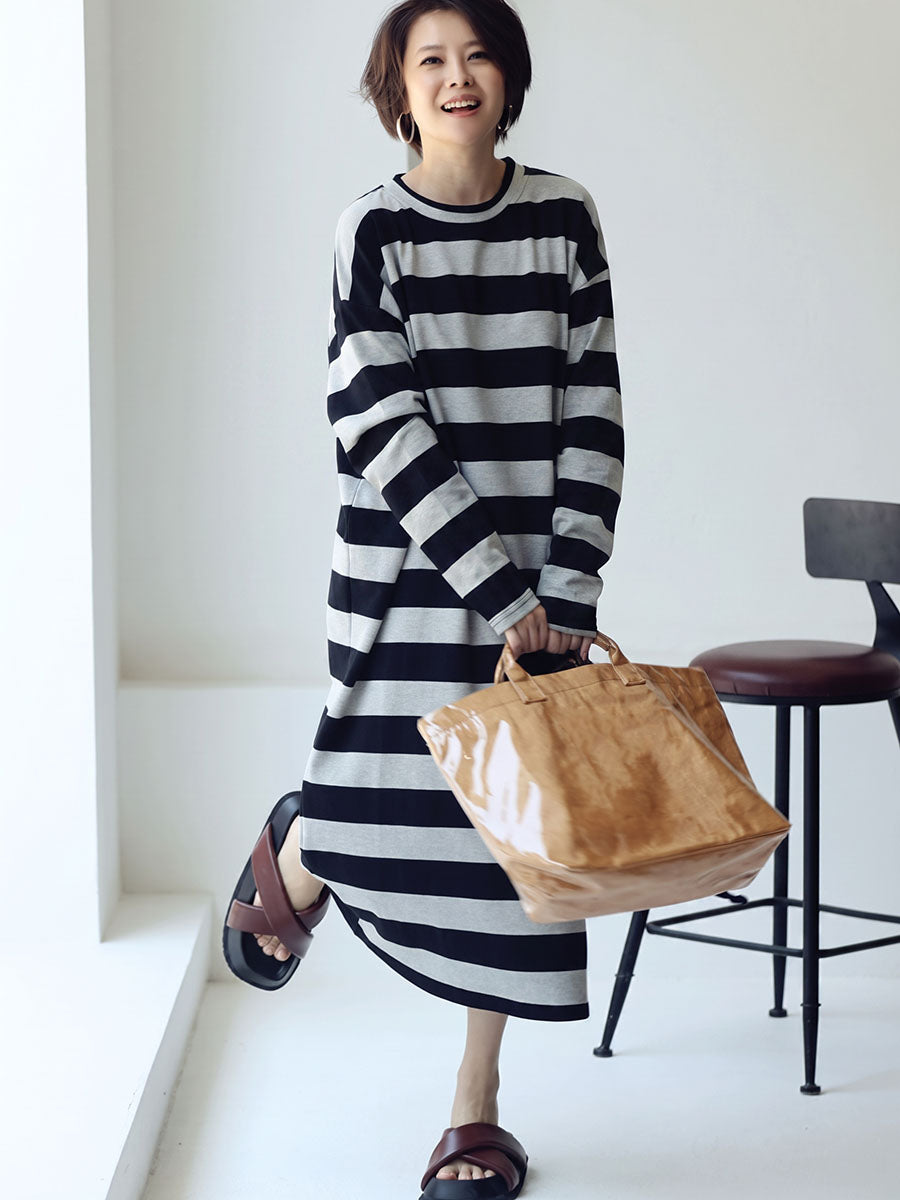 Plus Size Women Casual Stripe Loose Long Sleeves Midi Dress