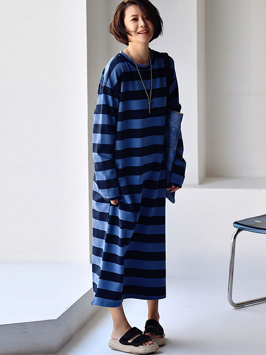 Plus Size Women Casual Stripe Loose Long Sleeves Midi Dress