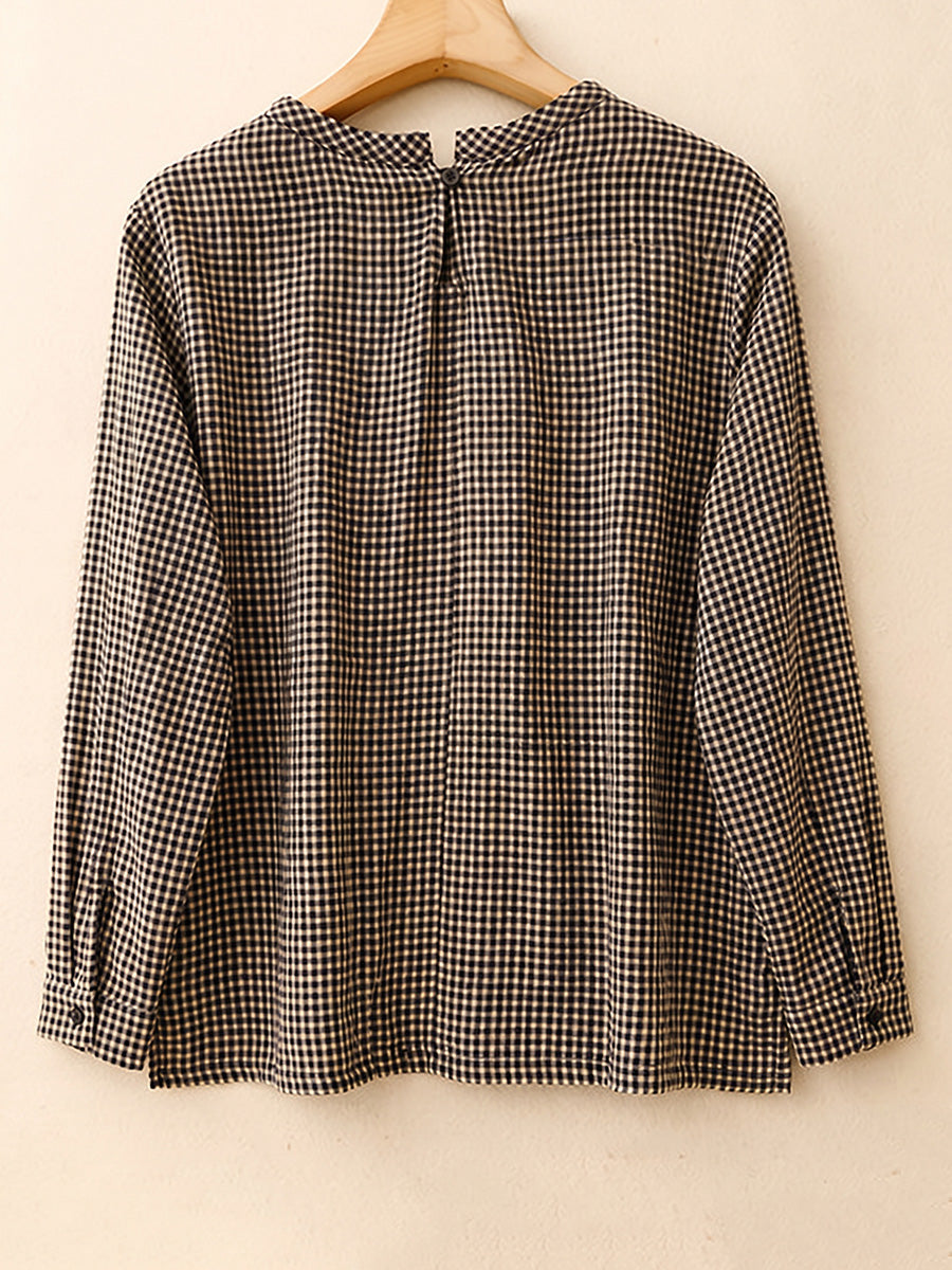 Plus Size Women Retro Plaid Stand Collar Cotton Linen Long Sleeve Shirt