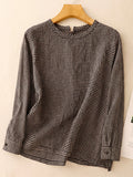 Plus Size Women Retro Plaid Stand Collar Cotton Linen Long Sleeve Shirt