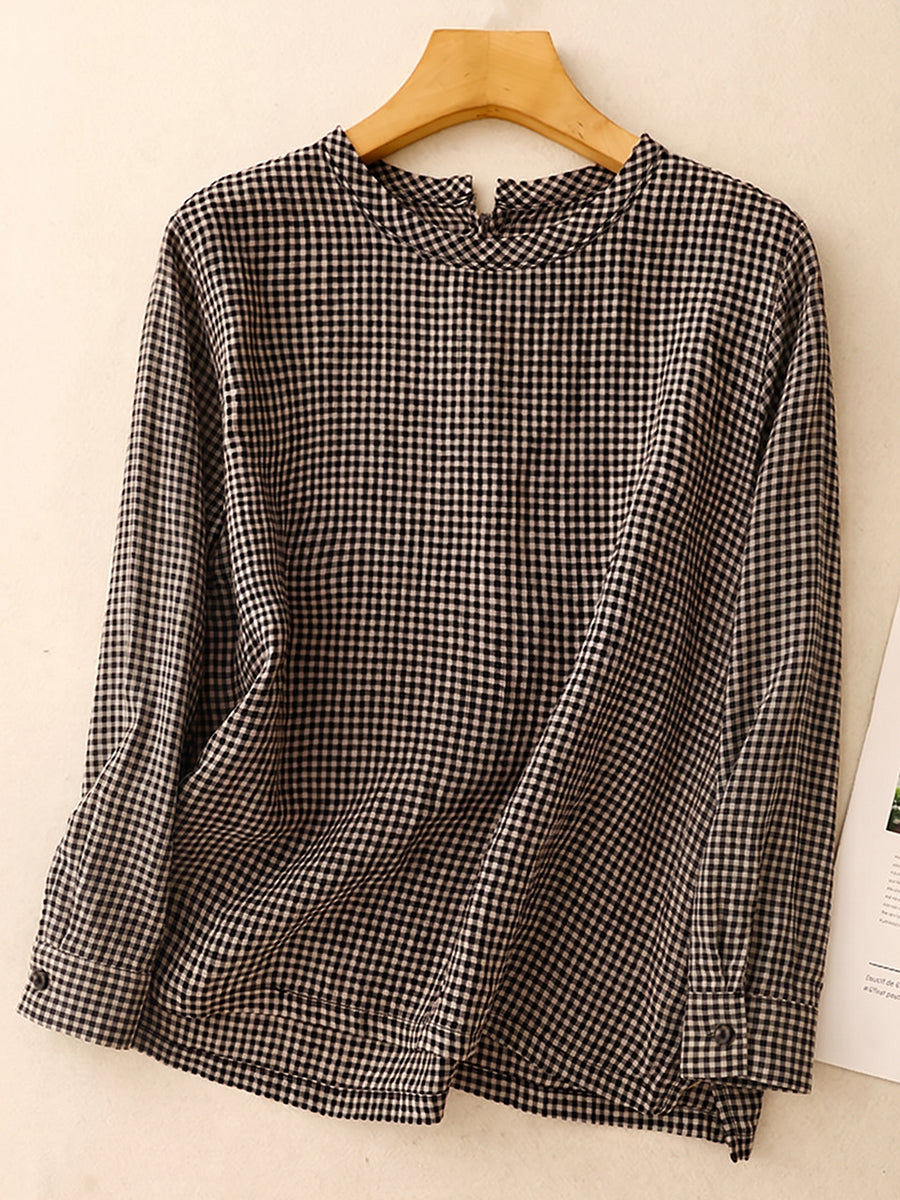 Plus Size Women Retro Plaid Stand Collar Cotton Linen Long Sleeve Shirt
